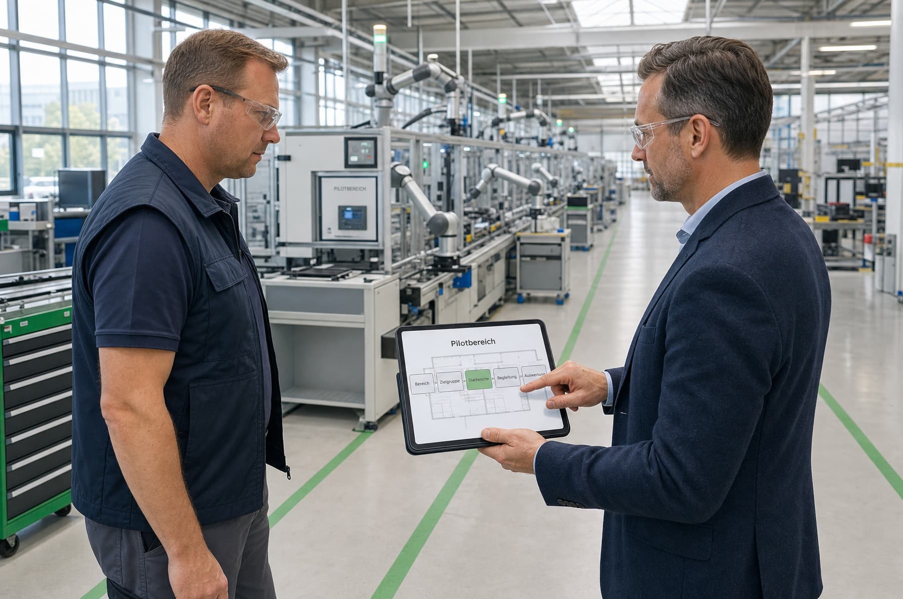 Ein Produktionsleiter und ein Bildungsexperte planen in einer Werkhalle den Pilotbereich einer Qualifizierung; auf einem Tablet ist eine abstrakte Rollout-Struktur zu sehen.