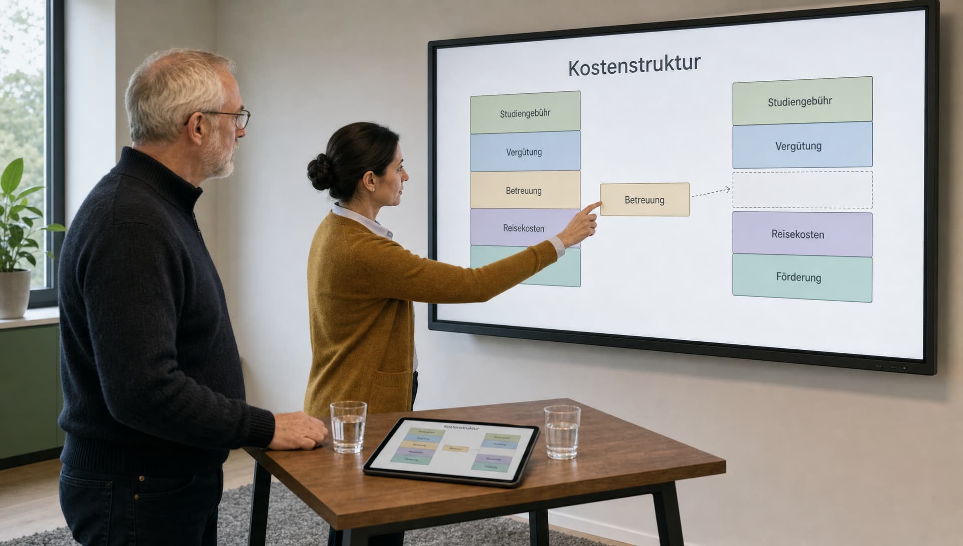 Zwei Verantwortliche vergleichen an einem Bildschirm die Kostenstruktur eines dualen Studiums anhand gestapelter, beschrifteter Aufwandsblöcke.