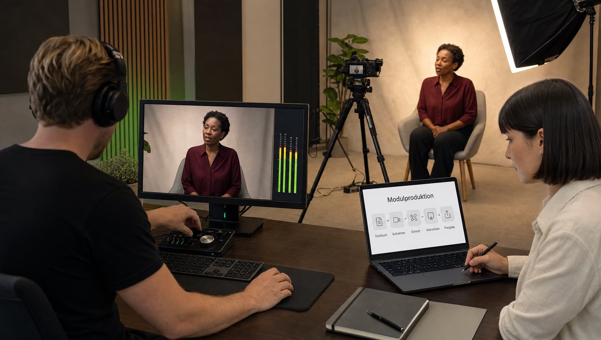 In einem Lernmedien-Studio wird eine Fachexpertin vor Kamera aufgenommen, während ein Produzent am Regieplatz Bild und Ton prüft und eine Autorin die Modulstruktur am Laptop abgleicht.