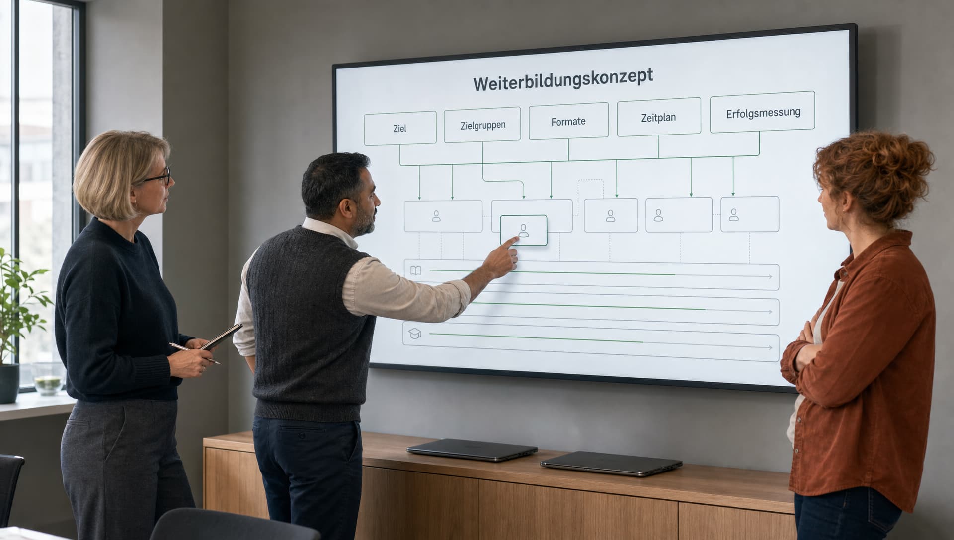 Drei Verantwortliche entwickeln an einer großen digitalen Wandfläche die Struktur eines unternehmensweiten Weiterbildungskonzepts.