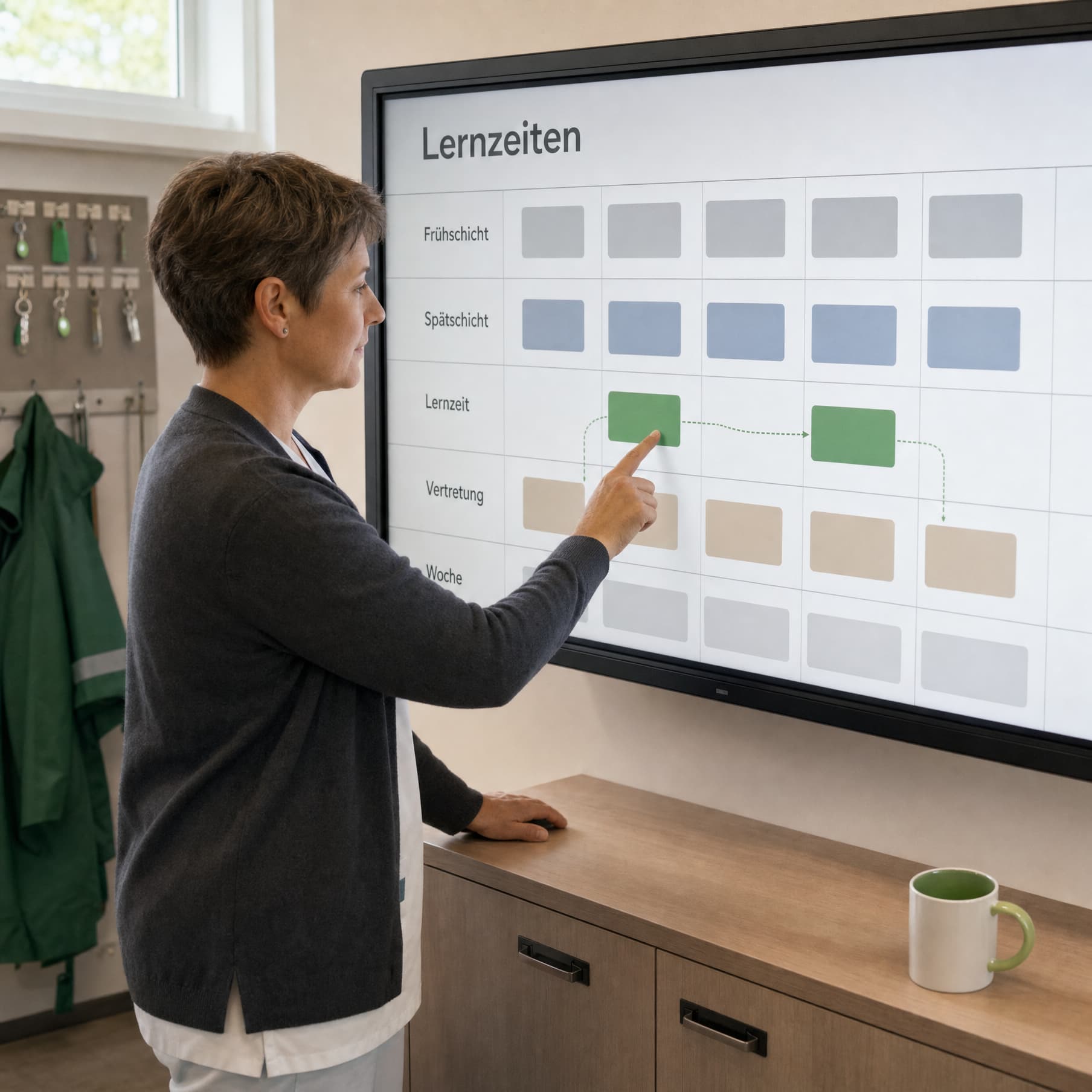 Eine Pflegedienstleiterin plant an einem digitalen Dienstplan die Lernzeiten und Vertretungen ihres Teams.