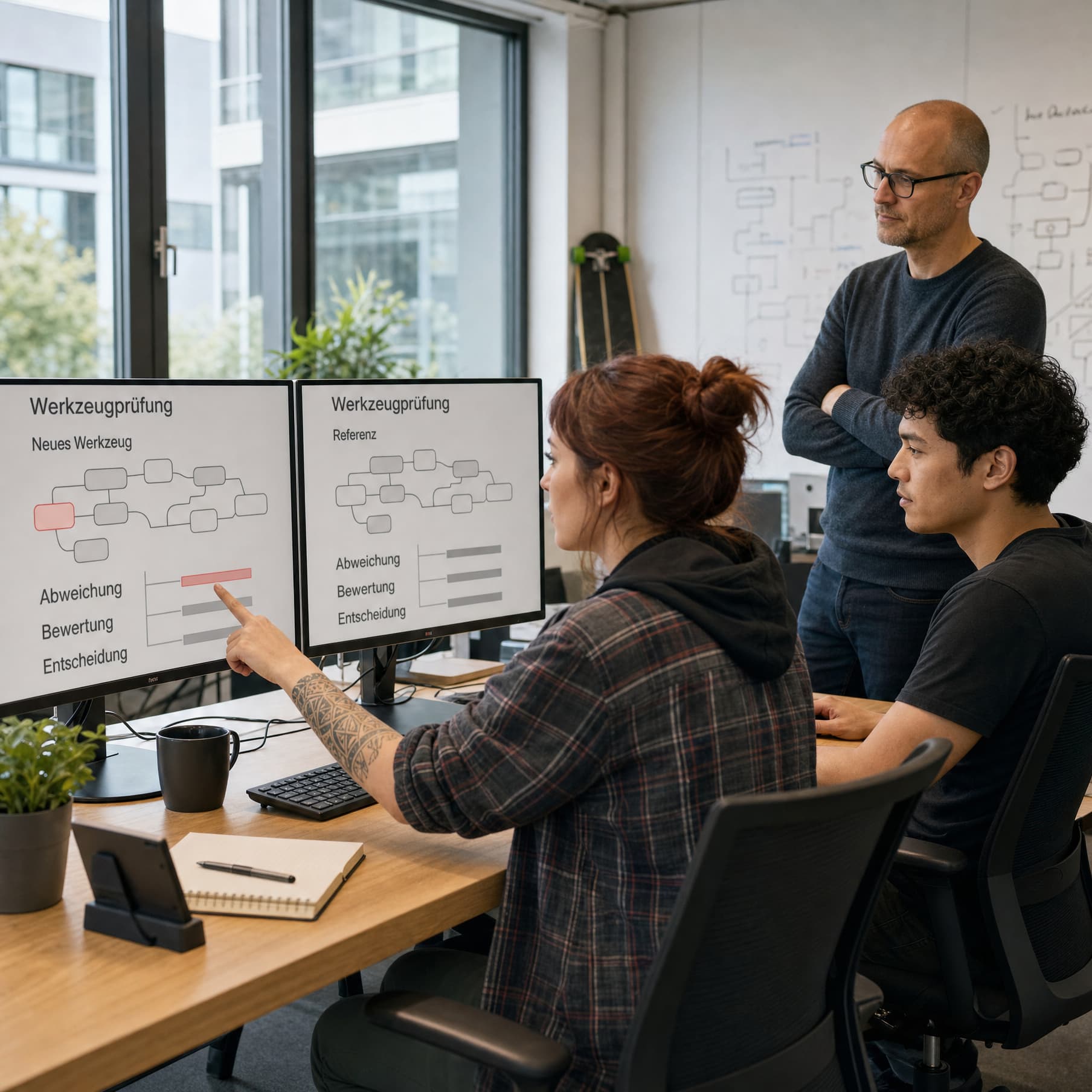 Ein dreiköpfiges Produktteam vergleicht an zwei Monitoren das Ergebnis eines neuen KI-gestützten Werkzeugs mit dem bekannten Referenzergebnis.