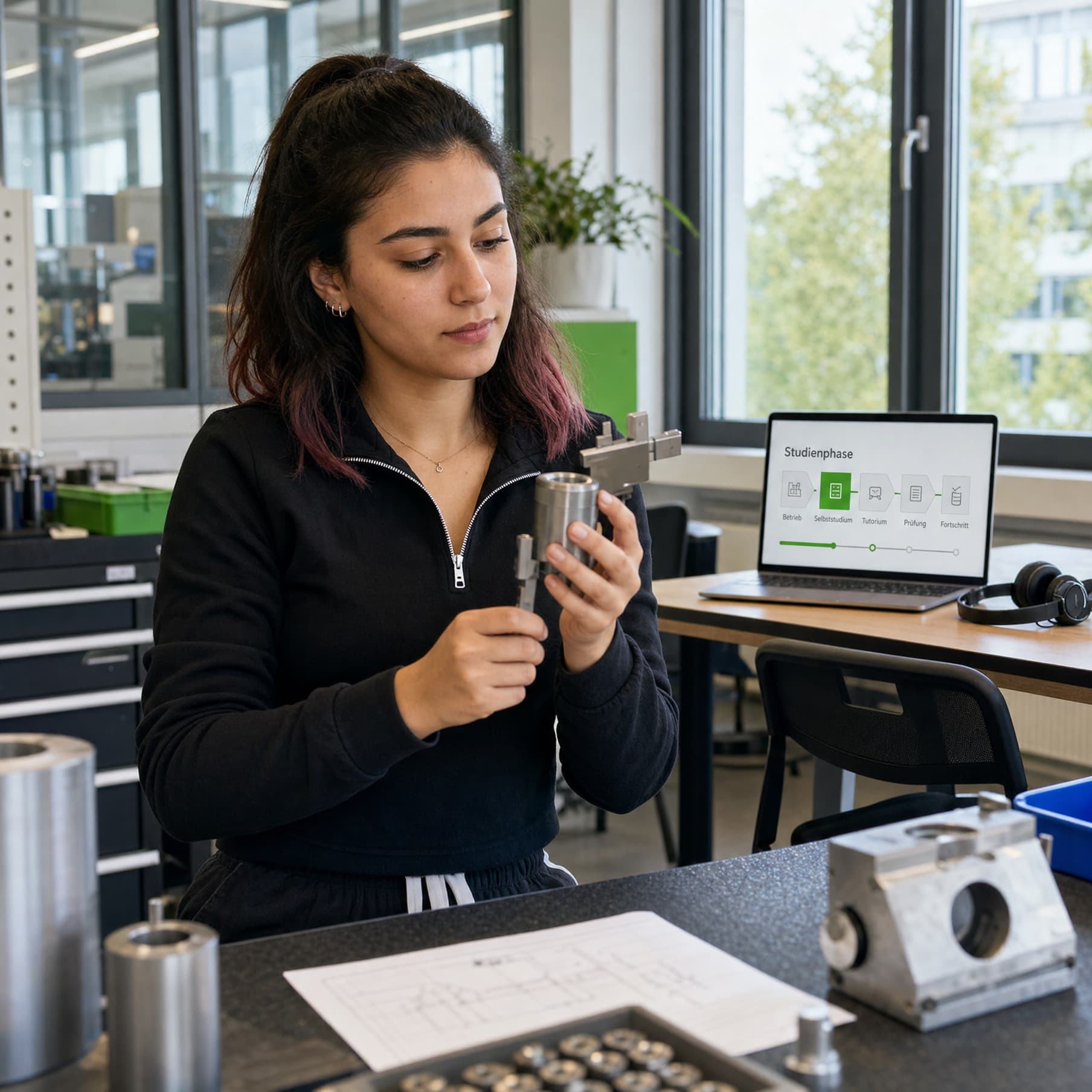 Eine junge duale Fernstudentin arbeitet an einer betrieblichen Aufgabe; ihr Studienplatz mit Notebook gehört zum selben Raum.