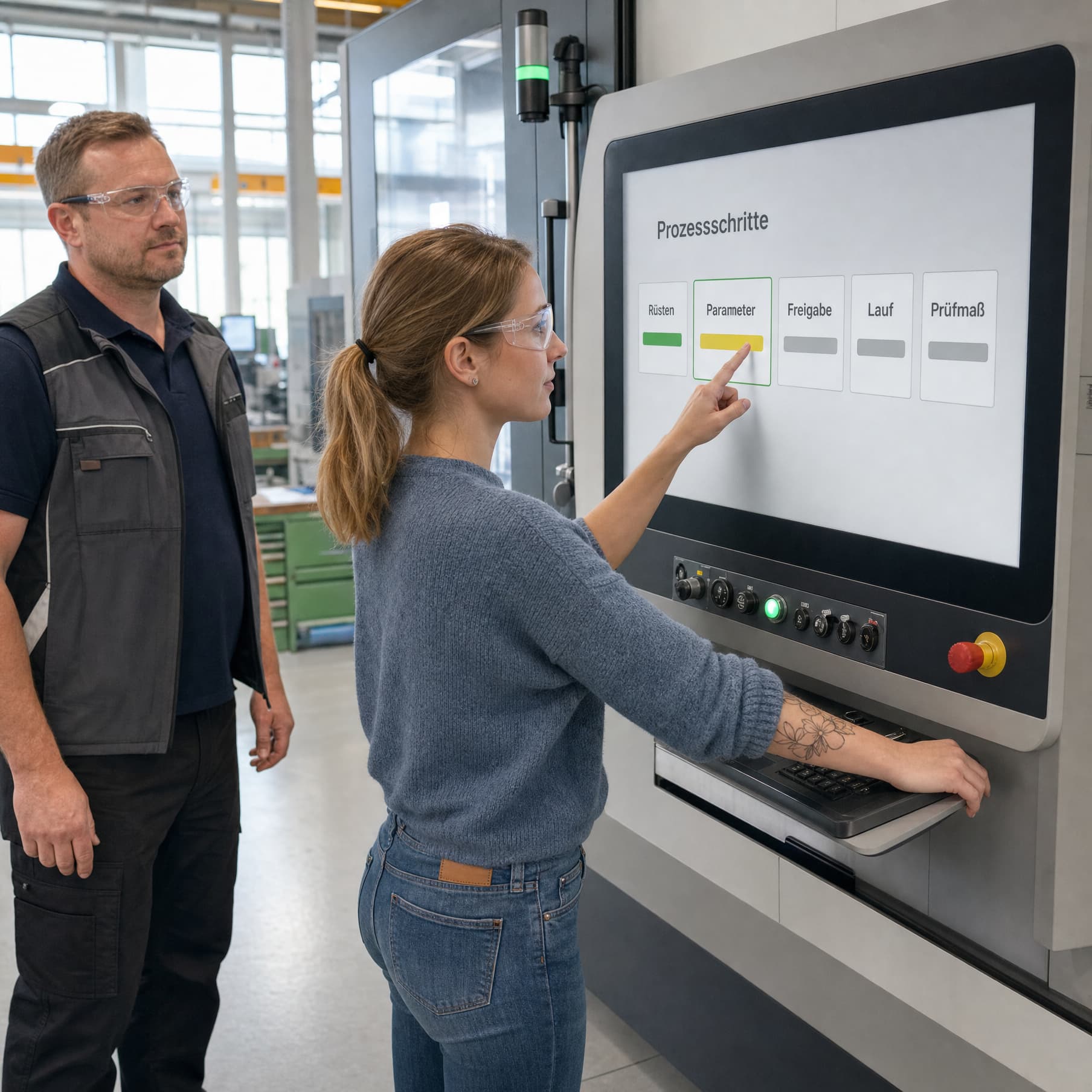 Eine junge Fachkraft richtet an einer modernen Fertigungsanlage erstmals eine neue Fachaufgabe am Bedienpanel ein, während der Produktionsleiter im Hintergrund begleitet.