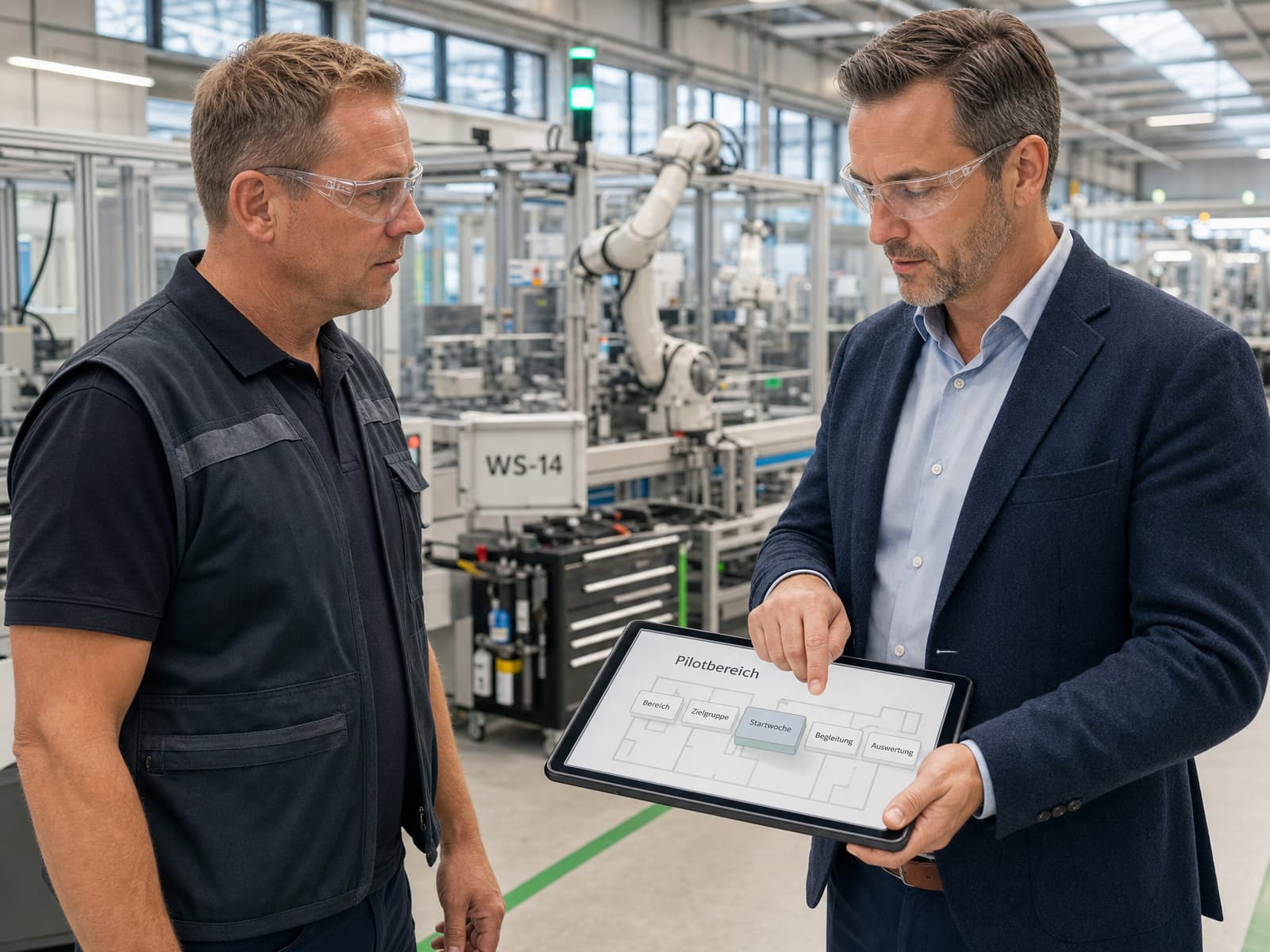 Zwei Fachleute prüfen in einem digitalen Prüfsystem konzentriert Zulassungs- und Akkreditierungsstände.
