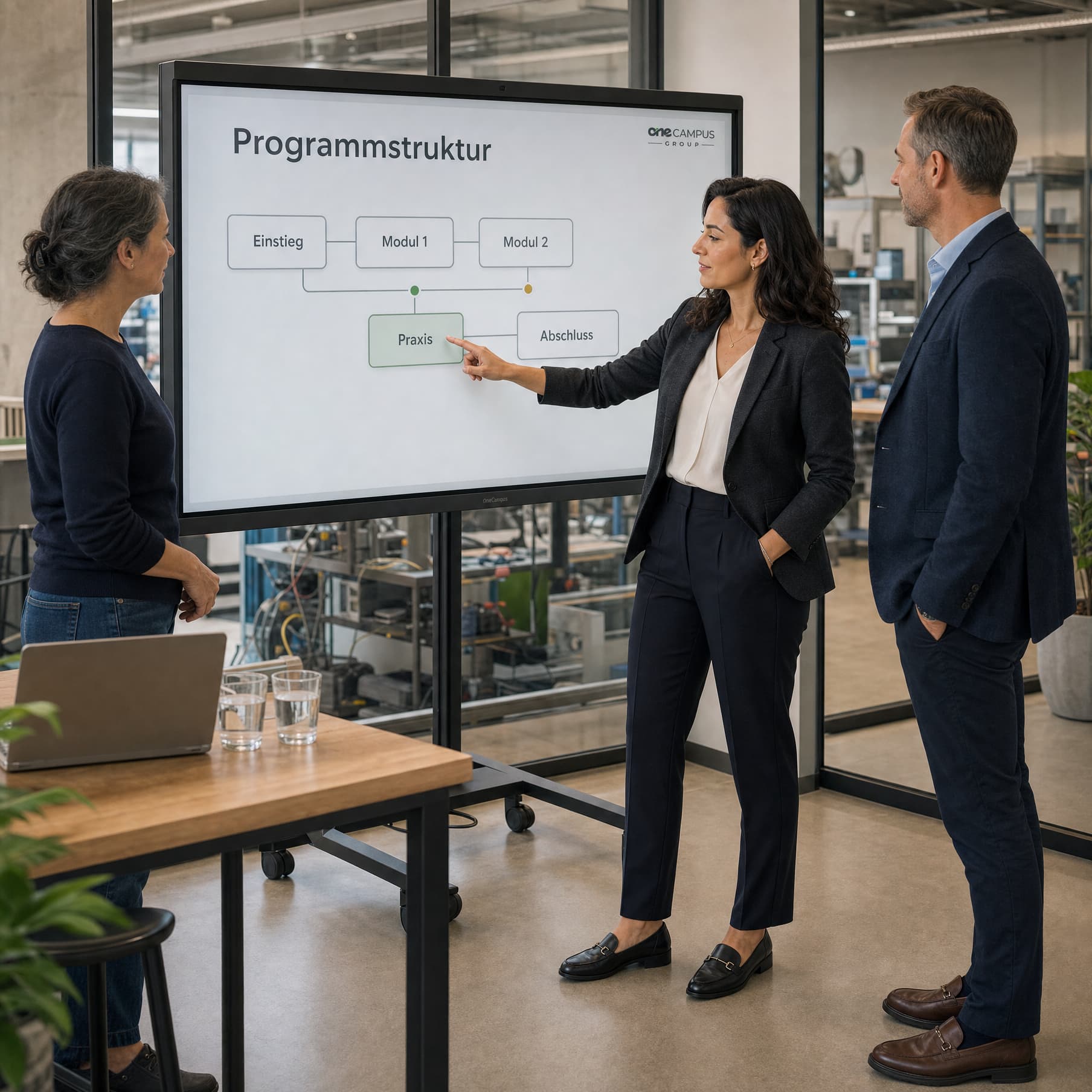 Zwei Beratende entwickeln mit der Fachexpertin eines Unternehmens an einem interaktiven Board die Struktur eines Lernprogramms für ein Spezialverfahren.