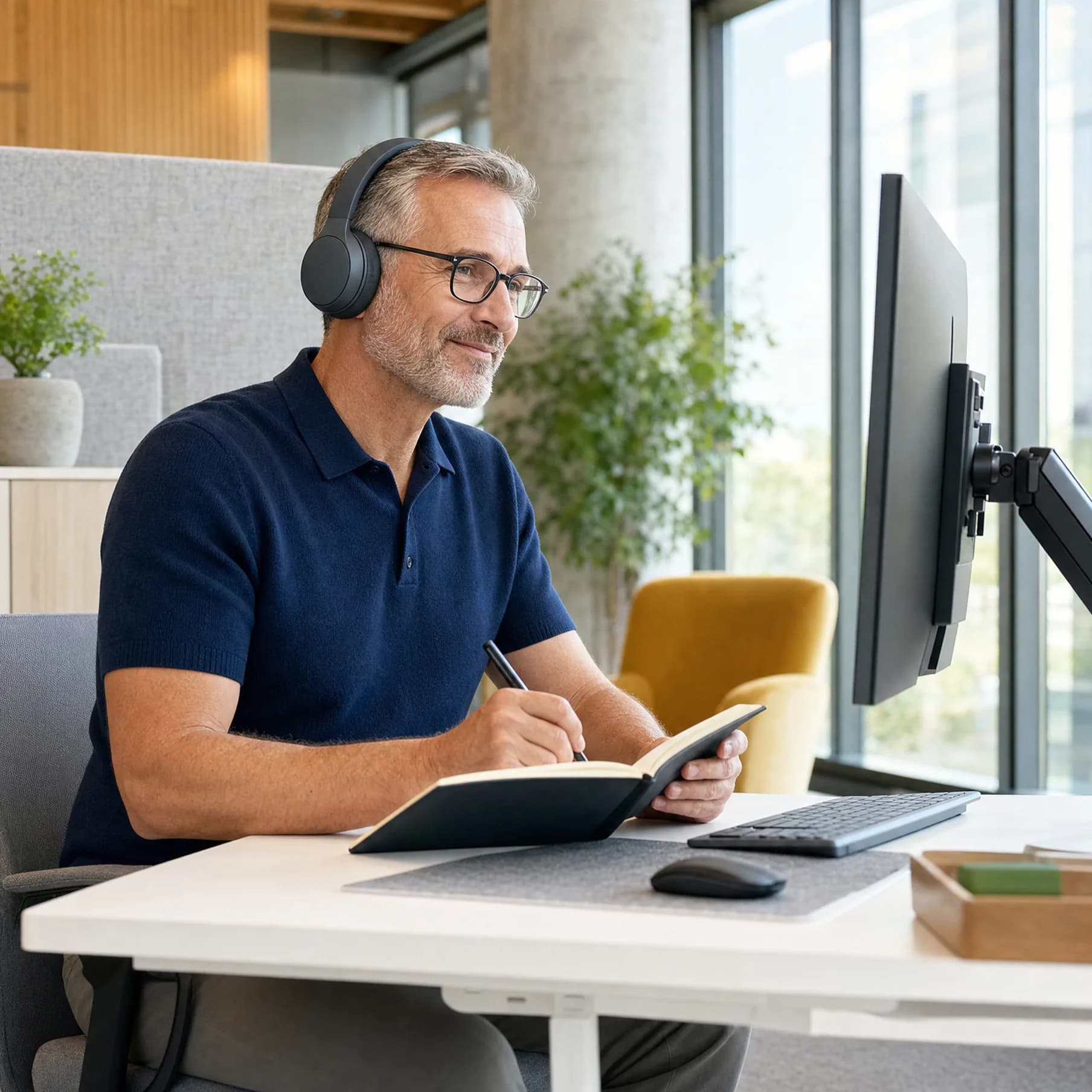 Ein Mitarbeiter mit Headset sitzt in einem hellen Büro an seinem Arbeitsplatz, folgt einer Online-Schulung und macht sich lächelnd eine Notiz.