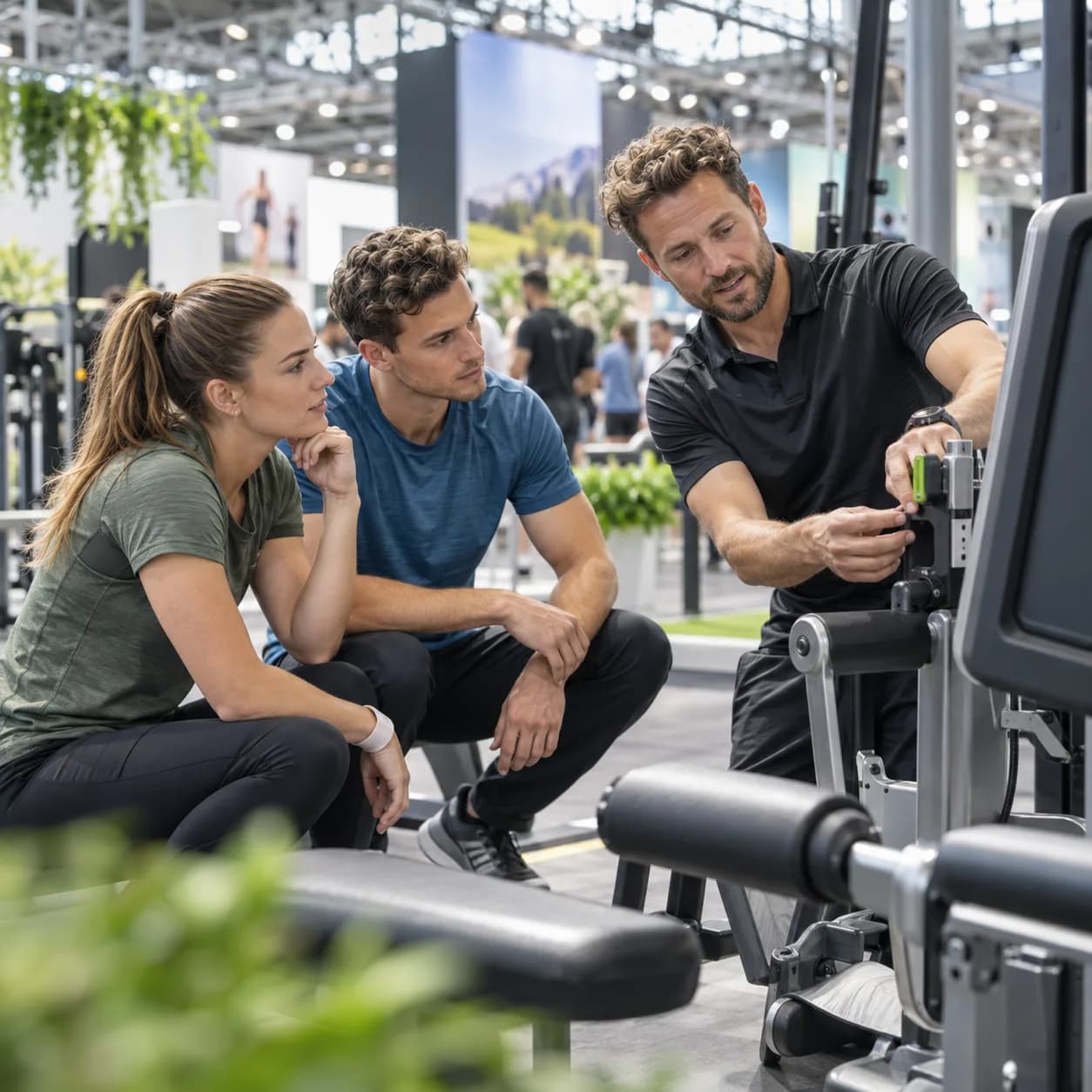 Ein Fachmann erklärt zwei Besuchenden auf einem Messestand die Einstellung an einem Trainingsgerät.