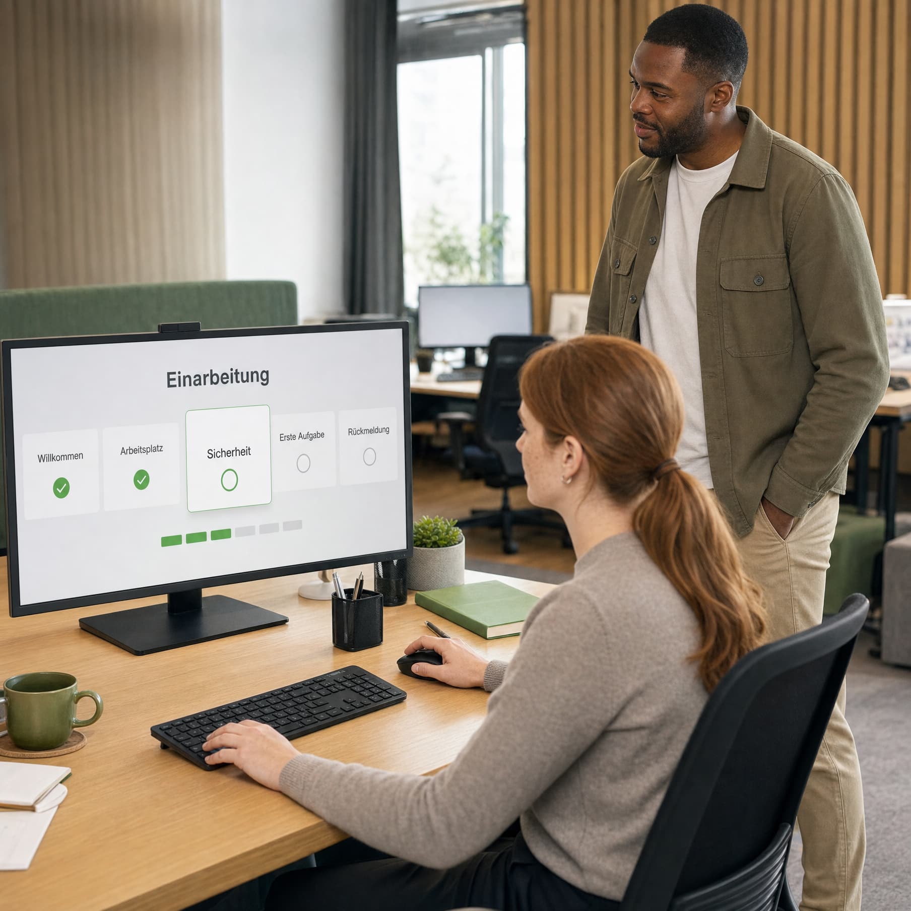 Ein Learning-und-Development-Verantwortlicher führt eine neue Kollegin an ihrem Arbeitsplatz durch einen digitalen Einarbeitungspfad am Bildschirm.