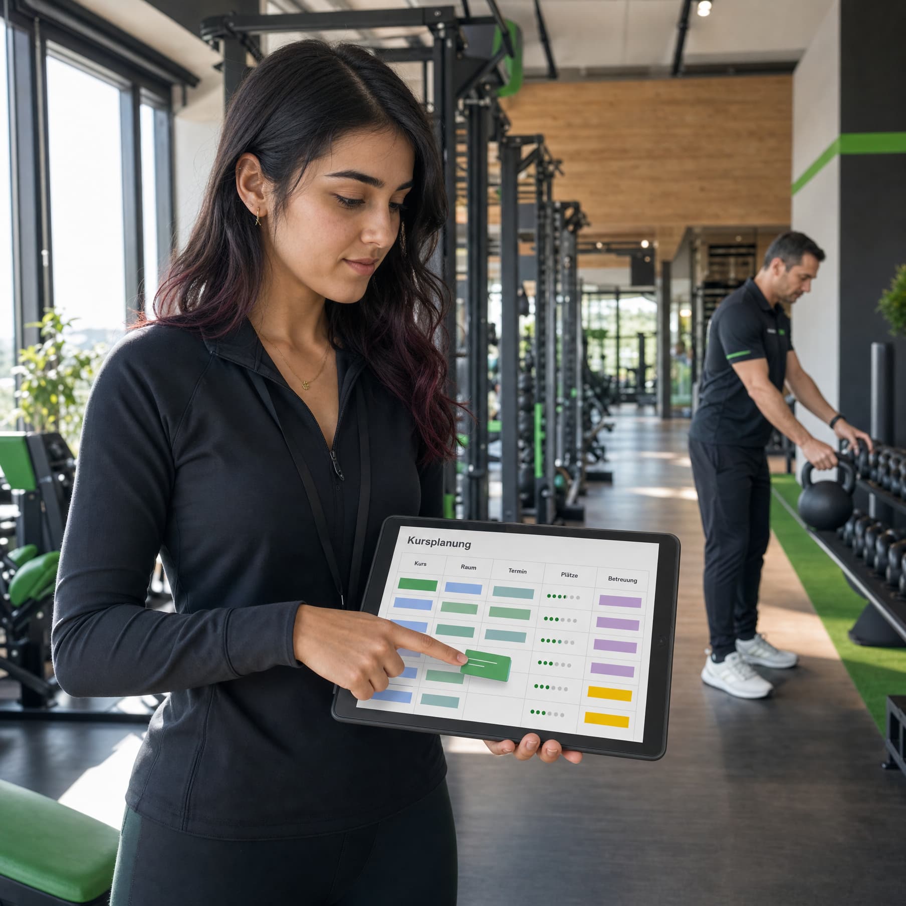 Eine junge Nachwuchskraft plant auf der Trainingsfläche eines Fitnessclubs eigenständig das Kursprogramm am Tablet; der Clubmanager ist im Hintergrund tätig.