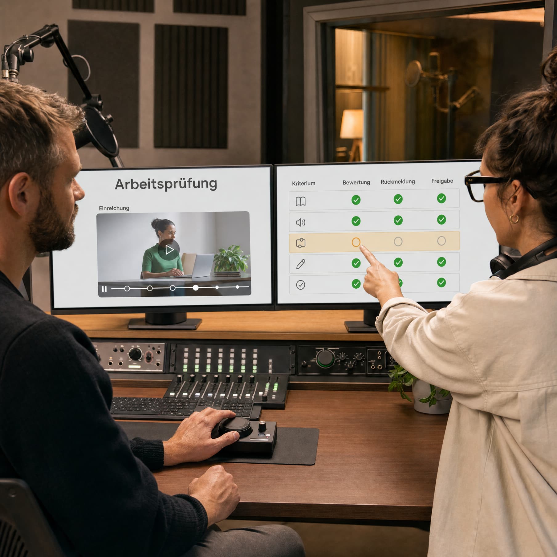 Zwei Fachleute prüfen in einem Produktionsstudio ein digitales Lernmodul gegen eine Prüfstruktur ab.