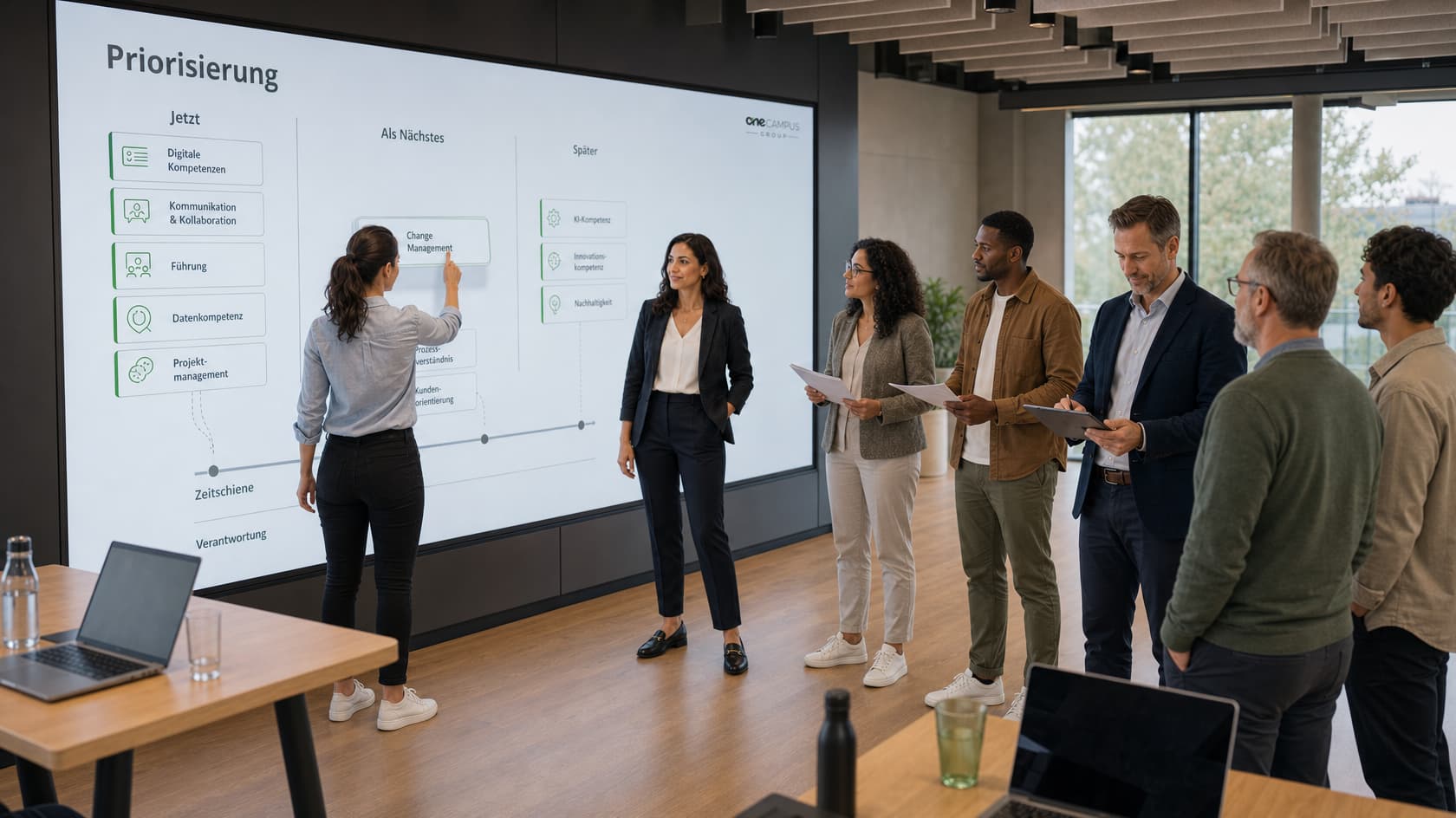 In einem Workshop verschiebt eine Mitarbeiterin an einer großen digitalen Wand ein Kompetenzfeld, während sechs weitere Beteiligte die Priorisierung der Academy diskutieren.