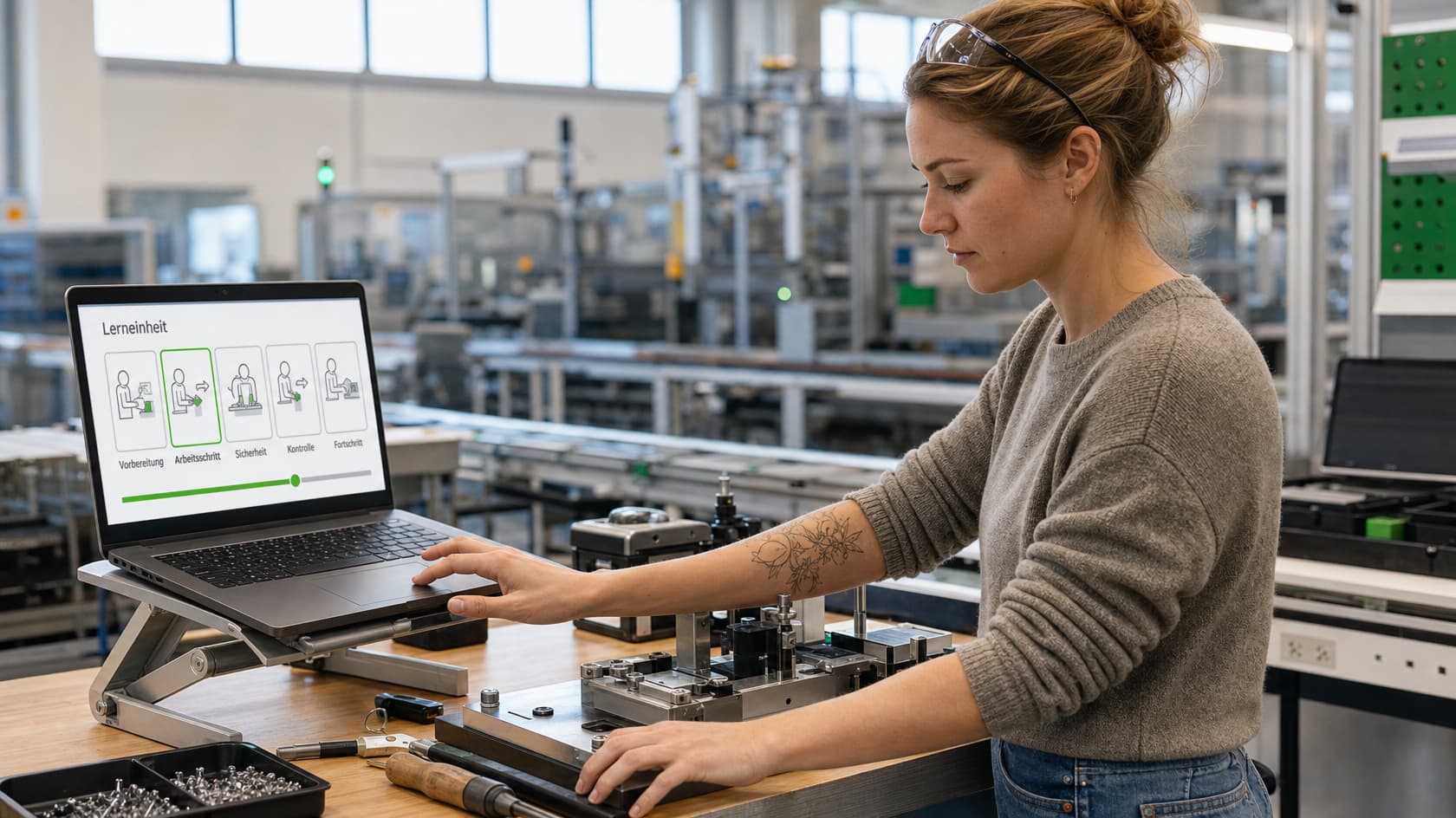 Eine junge Fachkraft lernt an ihrem Arbeitsplatz in der Fertigung mit einem digitalen Lernmodul und übt den gezeigten Handgriff direkt an der Vorrichtung.