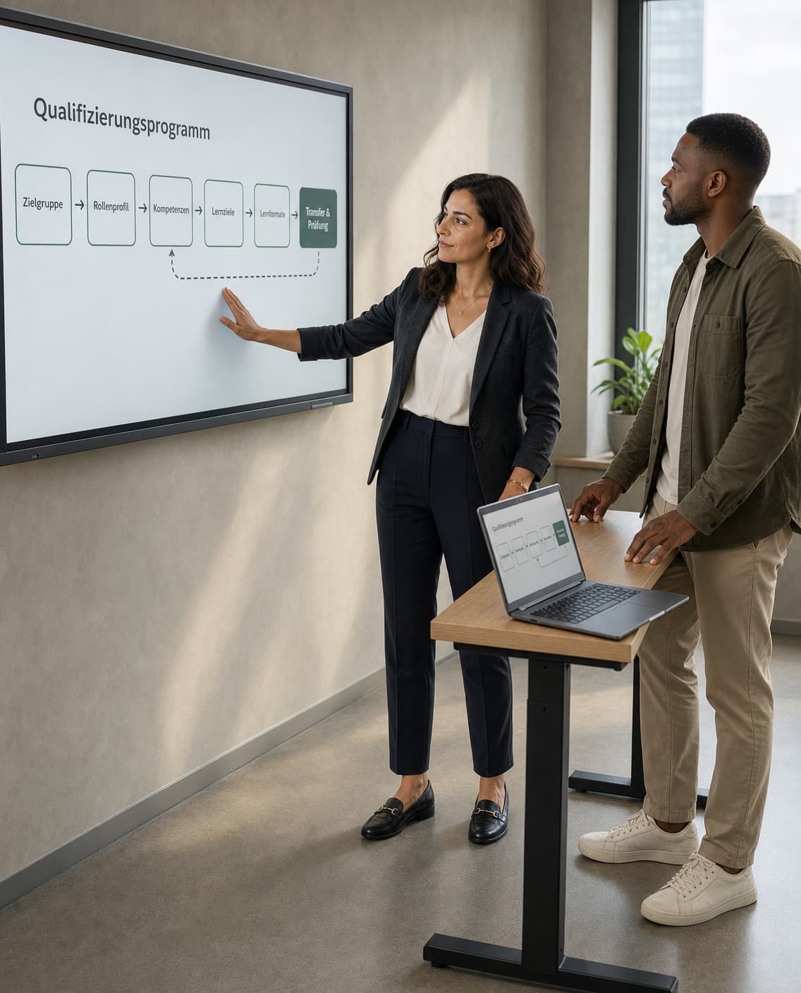 Eine Bildungsexpertin und ein Learning-and-Development-Verantwortlicher ordnen an einem interaktiven Board die Module eines Qualifizierungsprogramms.