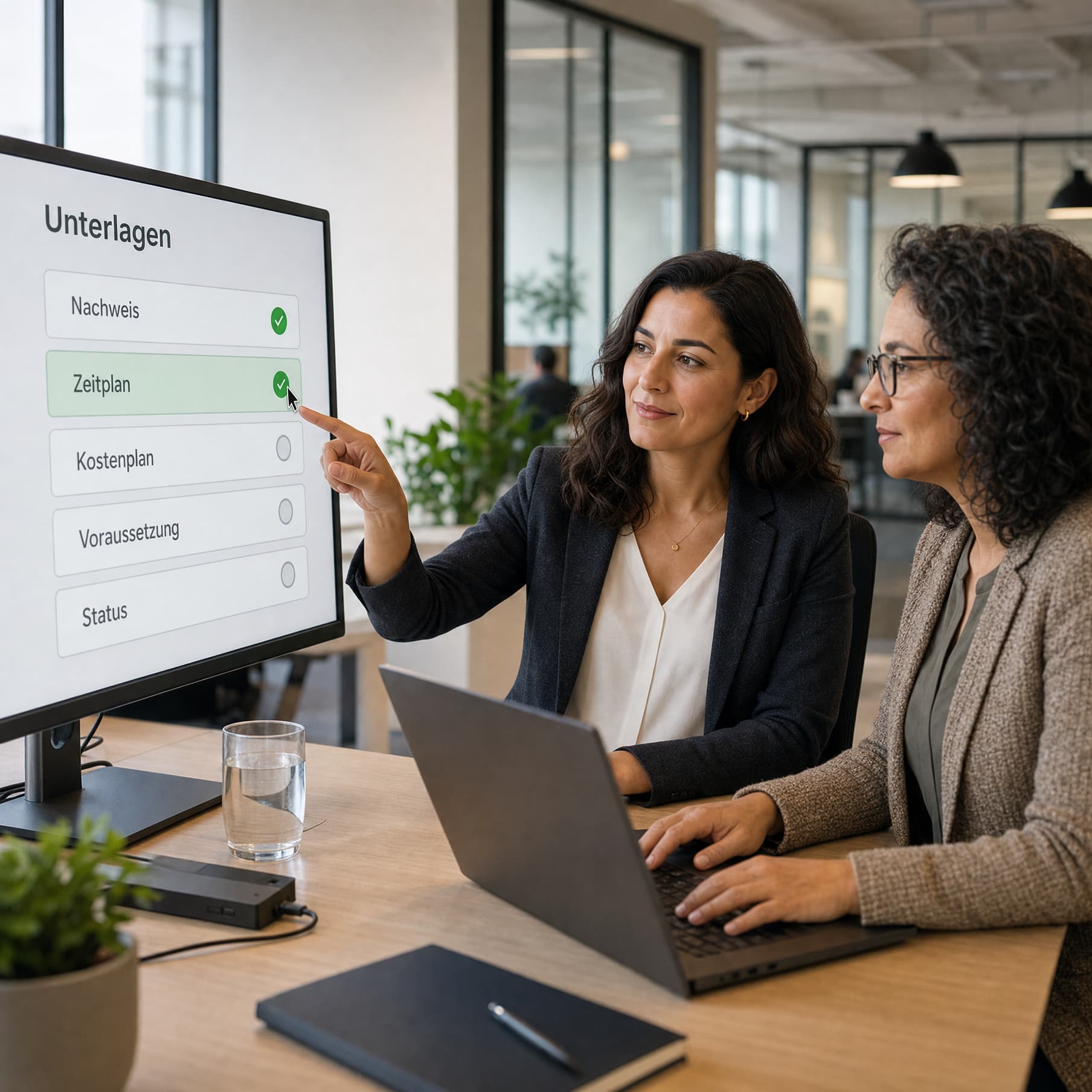 Eine Beraterin und eine HR-Leiterin sichten an einem großen Monitor strukturiert die Voraussetzungen eines geplanten Qualifizierungsvorhabens.