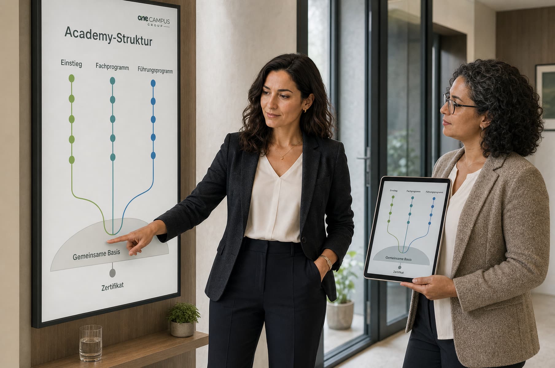 Eine Bildungsexpertin erläutert einer HR-Leiterin an einem Wandpanel die Zielstruktur einer Corporate Academy mit drei zusammenlaufenden Programmlinien.