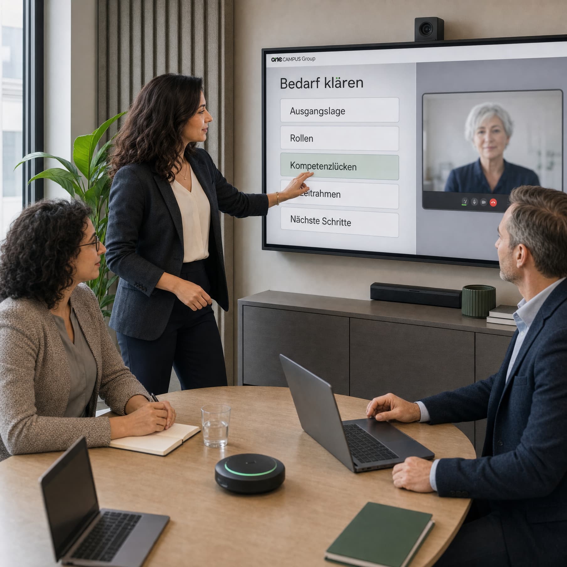 Zwei Bildungsfachleute und eine HR-Leiterin klären in einem hybriden Videotermin den Qualifizierungsbedarf; auf dem Konferenzdisplay sind eine abstrakte Bedarfsstruktur und eine zugeschaltete Teilnehmerin zu sehen.