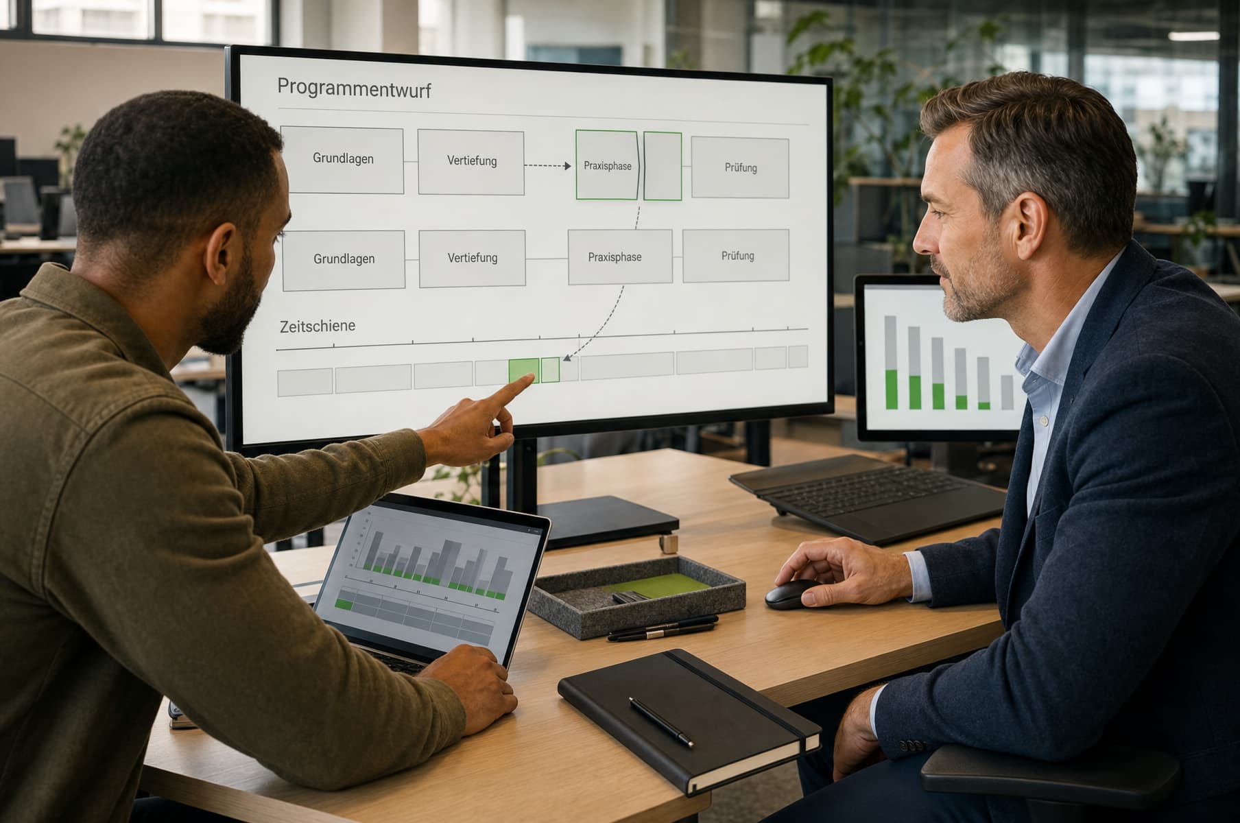Zwei Fachverantwortliche strukturieren an einem großen Monitor den Entwurf eines Lernprogramms mit Modulstufen und Zeitband.