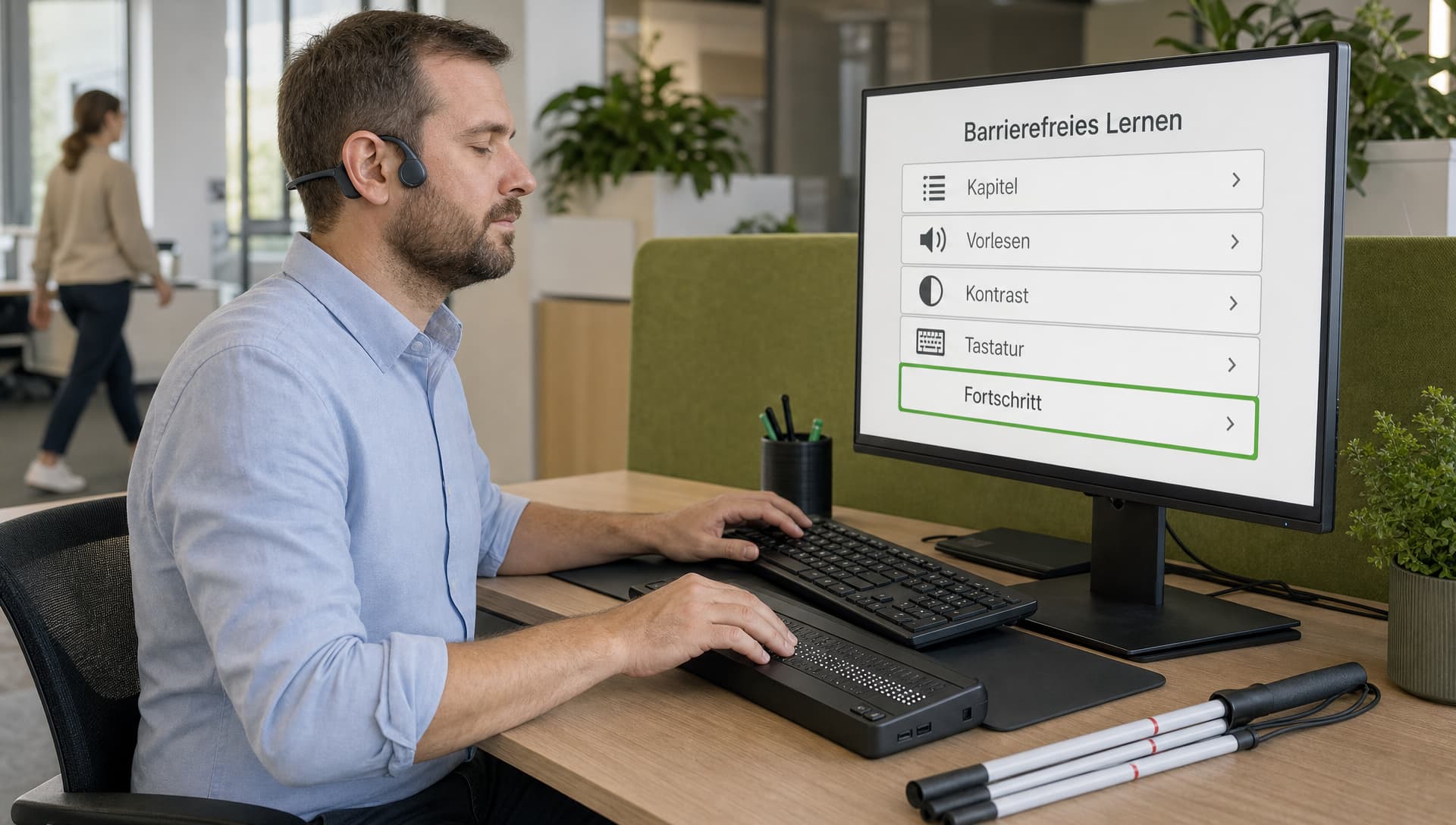 Ein blinder Verwaltungsmitarbeiter arbeitet mit Braillezeile, Tastatur und Kopfhörer in einer kontrastreichen digitalen Lernoberfläche an seinem Arbeitsplatz.