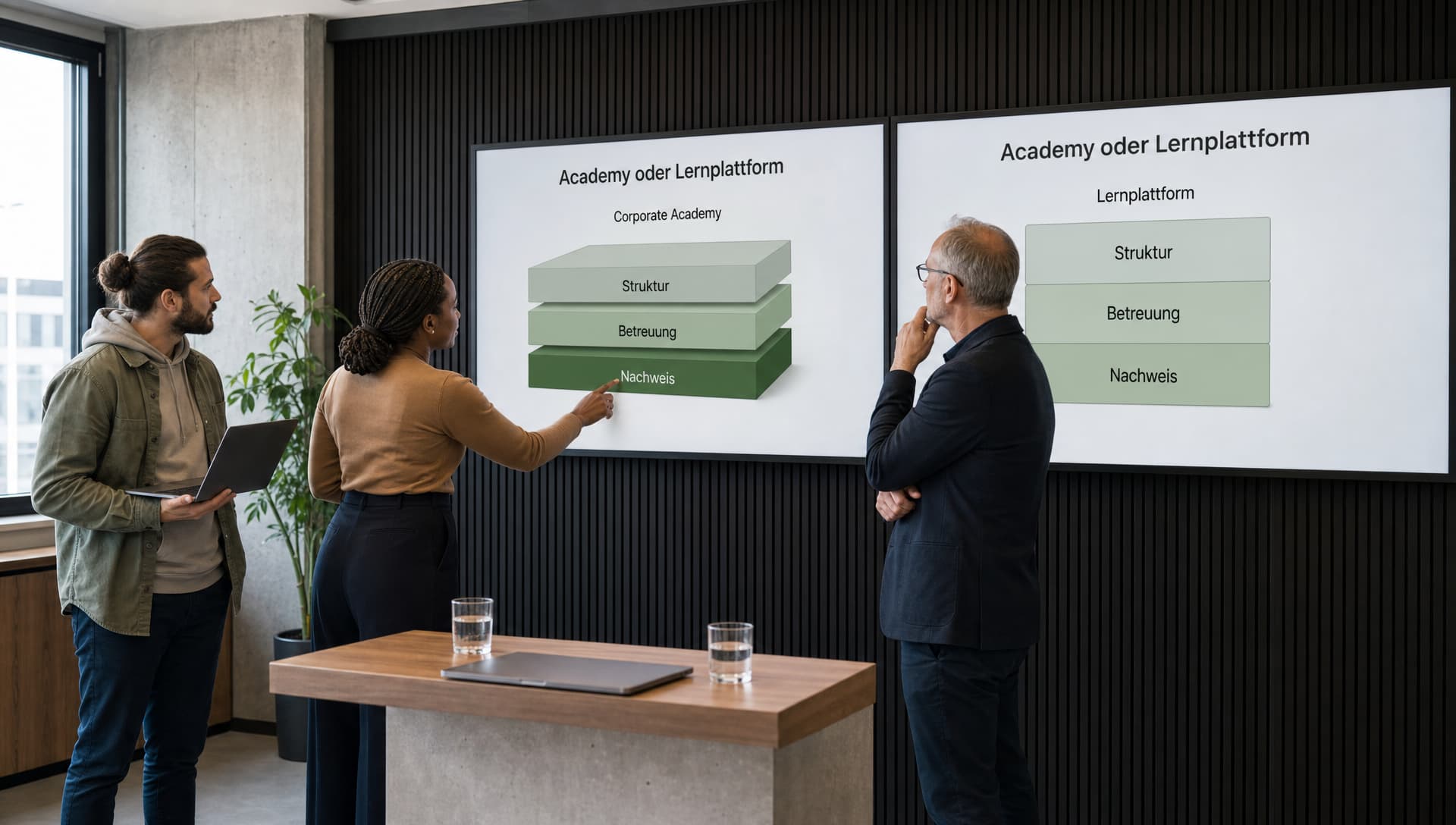 Ein Führungsteam vergleicht an zwei nebeneinander montierten Bildschirmen die vielschichtige Struktur einer Corporate Academy mit dem einfachen Raster einer Lernplattform.