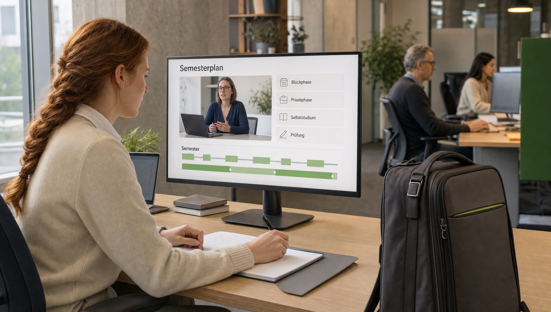 Eine dual Studierende lernt in einer digitalen Studienphase an ihrem betrieblichen Arbeitsplatz, neben ihr eine gepackte Reisetasche für eine Präsenz-Blockwoche.