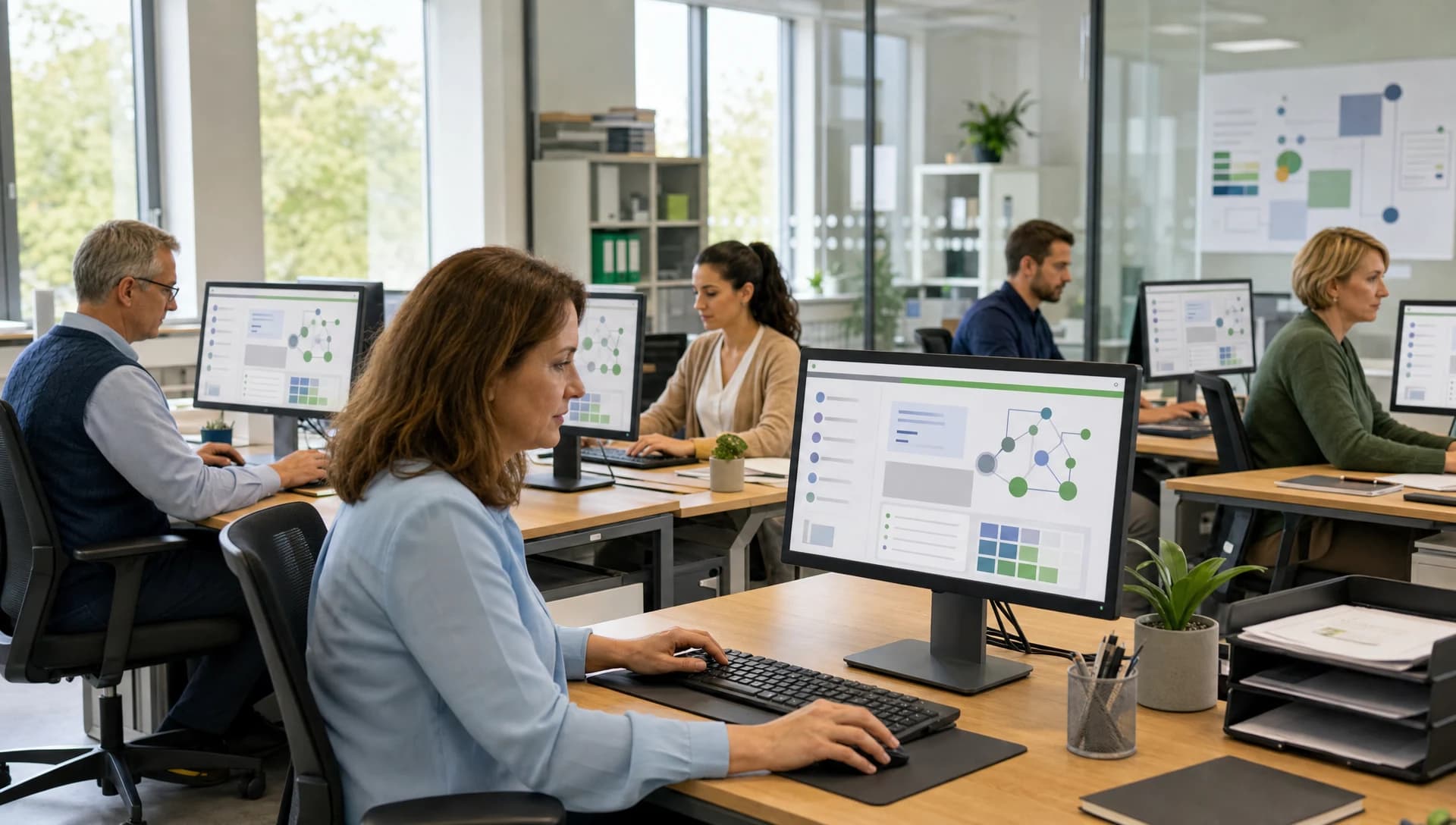 In einem Großraumbüro arbeiten mehrere Beschäftigte an ihren Schreibtischen mit einer KI-Anwendung am Bildschirm, jede Person an der eigenen Aufgabe.