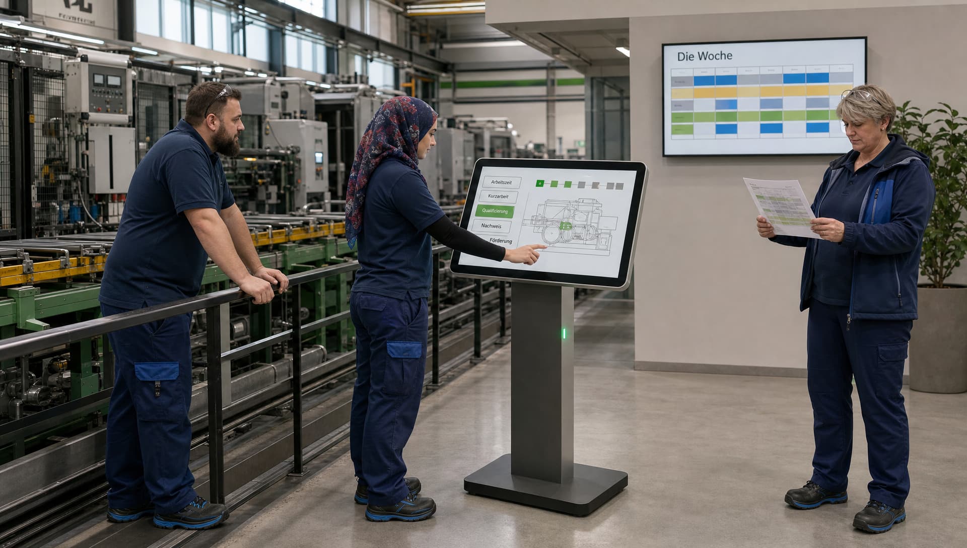 In einer Werkhalle mit ruhender Anlage bearbeiten zwei Beschäftigte ein digitales Lernmodul an einem Terminal, während eine Schichtleiterin die Lernzeiten an einem Planungsdisplay abliest.