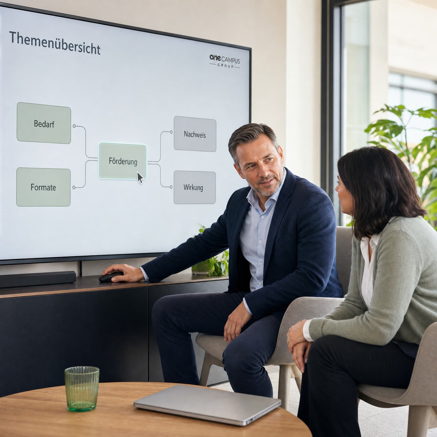 Ein Berater ordnet für eine HR-Verantwortliche Themenfelder der Personalentwicklung auf einem Bildschirm-Dashboard ein.