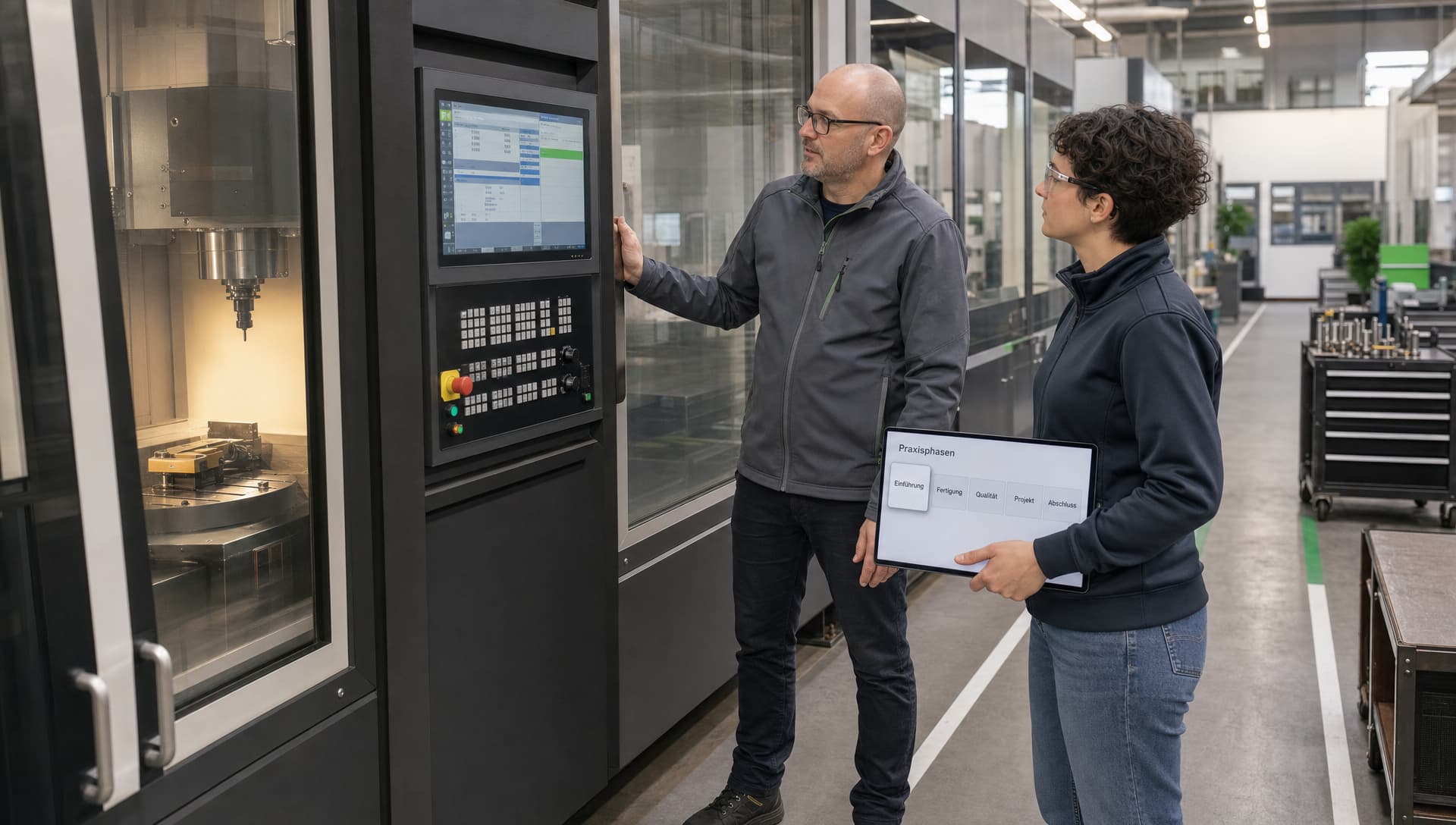 Ein Ausbildungsleiter zeigt einer künftig dual Studierenden an einer CNC-Zelle ihren ersten realen Arbeitsbereich; auf ihrem Tablet ist ein beschrifteter Stationsplan geöffnet.