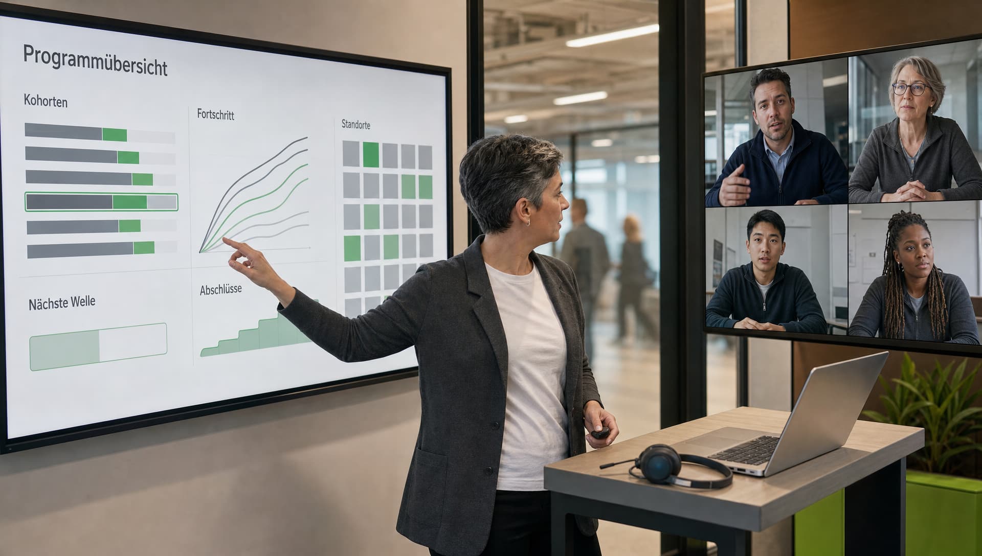 Eine Programm-Managerin steuert an einem großen Dashboard das Weiterbildungs-Rollout für eine große Belegschaft, während Standortkoordinatoren per Videokonferenz zugeschaltet sind.